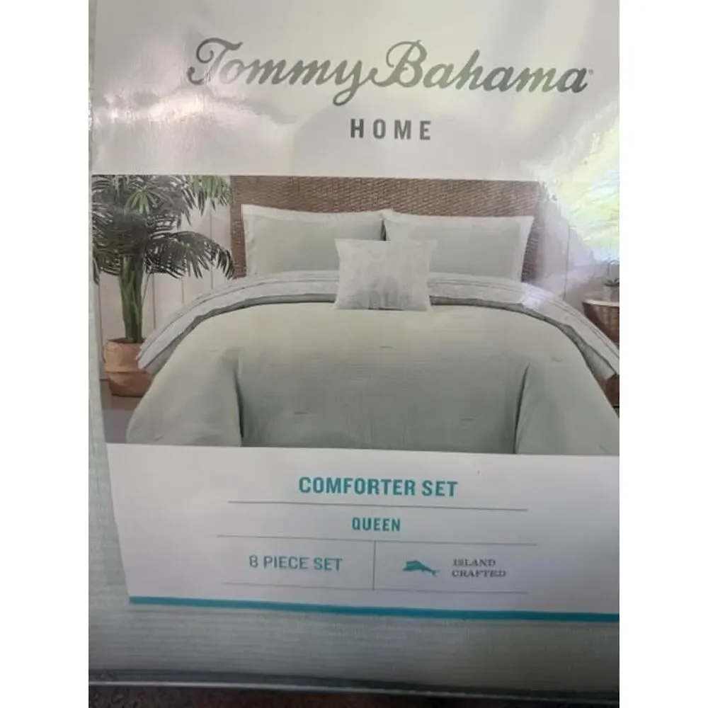 NEW Tommy Bahama Seersucker 8 Piece Queen Comforter Set Pale Green Sheets Pillow